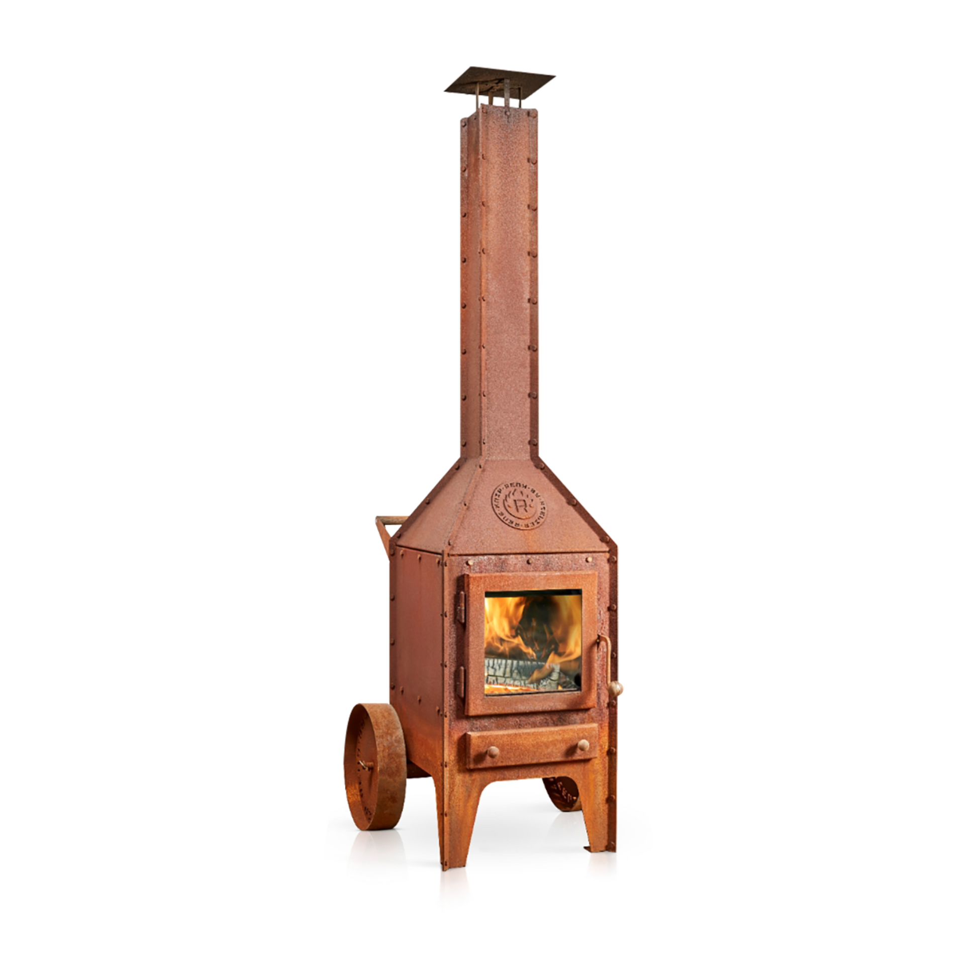 RB73 Bijuga 3mm CorTen Steel Fireplace With Two Wheels and a Push Bar