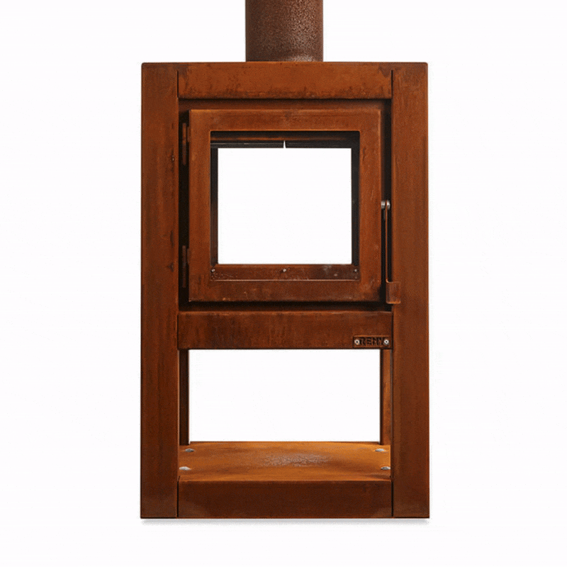 RB73 Quaruba L MOBILE 4-Sided Glass Warm Brown CorTen Steel Wood-Burning Outdoor Fireplace