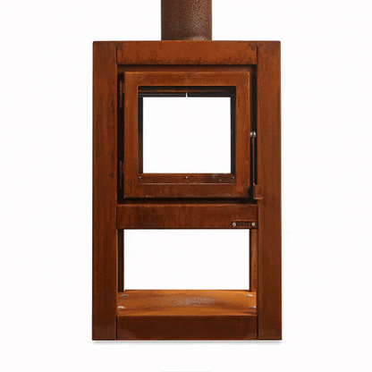 RB73 Quaruba L MOBILE 4-Sided Glass Warm Brown CorTen Steel Wood-Burning Outdoor Fireplace