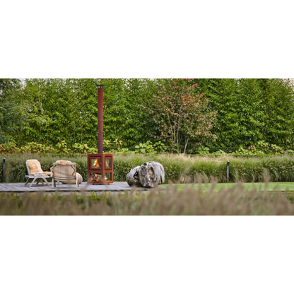 RB73 Quaruba L MOBILE 4-Sided Glass Warm Brown CorTen Steel Wood-Burning Outdoor Fireplace
