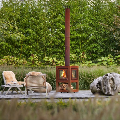 RB73 Quaruba L MOBILE 4-Sided Glass Warm Brown CorTen Steel Wood-Burning Outdoor Fireplace