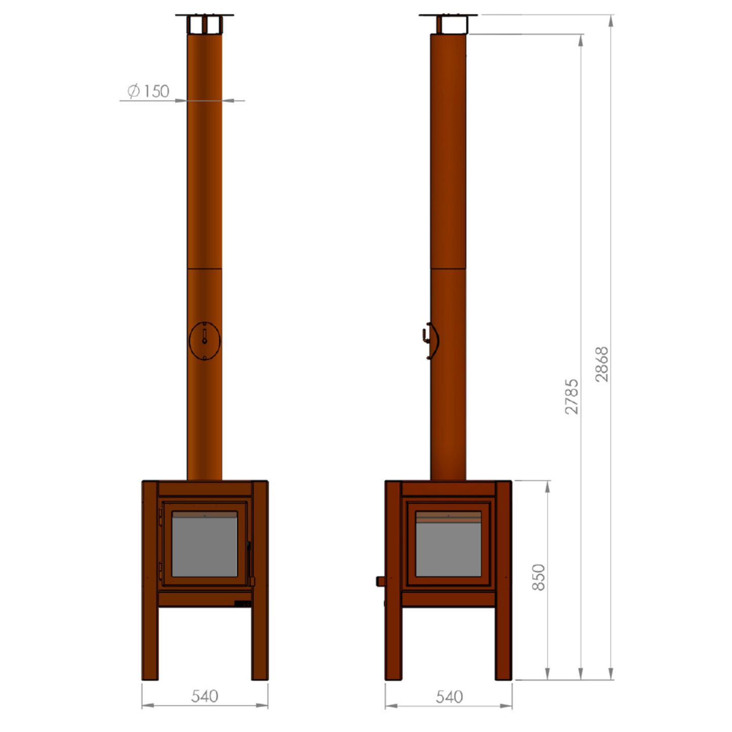 RB73 Quaruba L MOBILE 4-Sided Glass Warm Brown CorTen Steel Wood-Burning Outdoor Fireplace