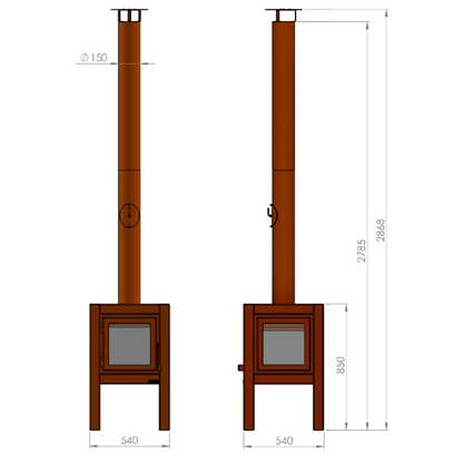 RB73 Quaruba L MOBILE 4-Sided Glass Warm Brown CorTen Steel Wood-Burning Outdoor Fireplace