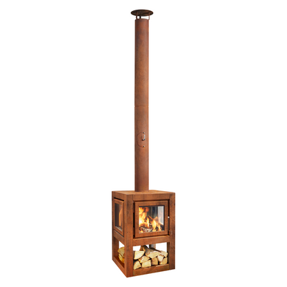RB73 Quaruba L MOBILE 4-Sided Glass Warm Brown CorTen Steel Wood-Burning Outdoor Fireplace