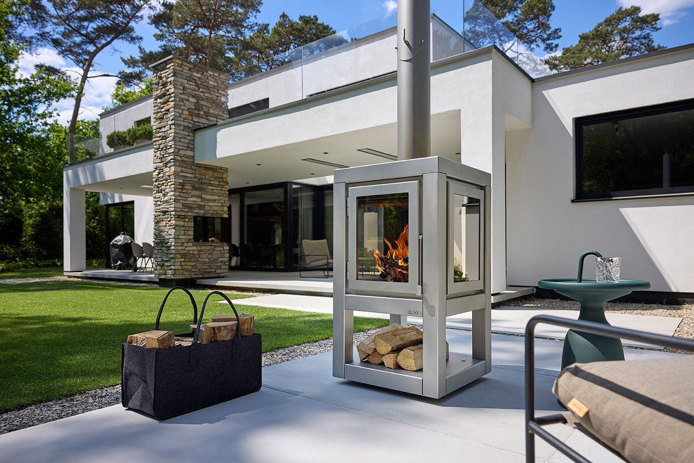 RB73 Quaruba XXL MOBILE 4-Sided Glass Matte Stainless Steel Wood-Burning Outdoor Fireplace