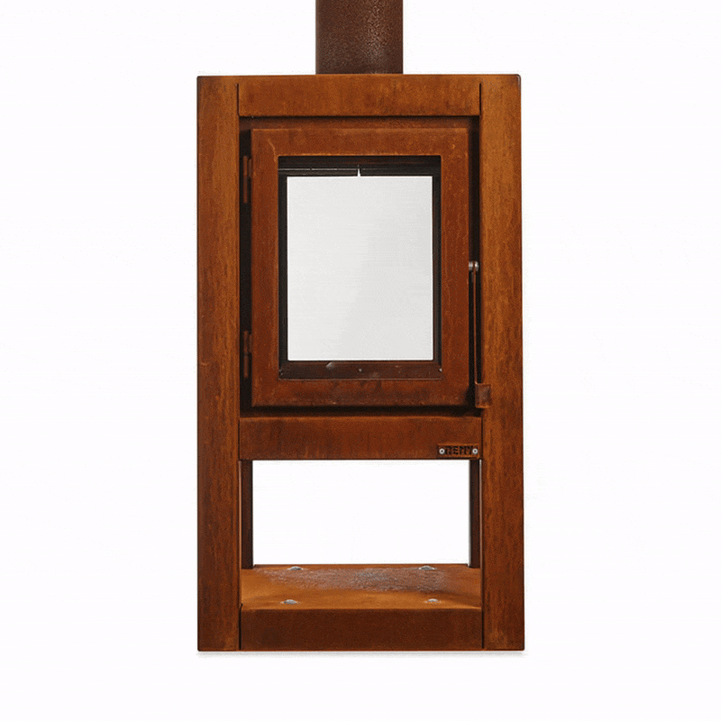 RB73 Quaruba XL MOBILE 4-Sided Glass Warm Brown CorTen Steel Wood-Burning Outdoor Fireplace