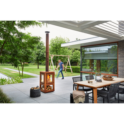 RB73 Quaruba XL MOBILE 4-Sided Glass Warm Brown CorTen Steel Wood-Burning Outdoor Fireplace