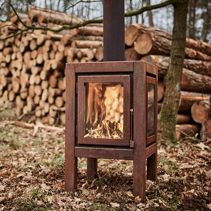 RB73 Quaruba XL MOBILE 4-Sided Glass Warm Brown CorTen Steel Wood-Burning Outdoor Fireplace