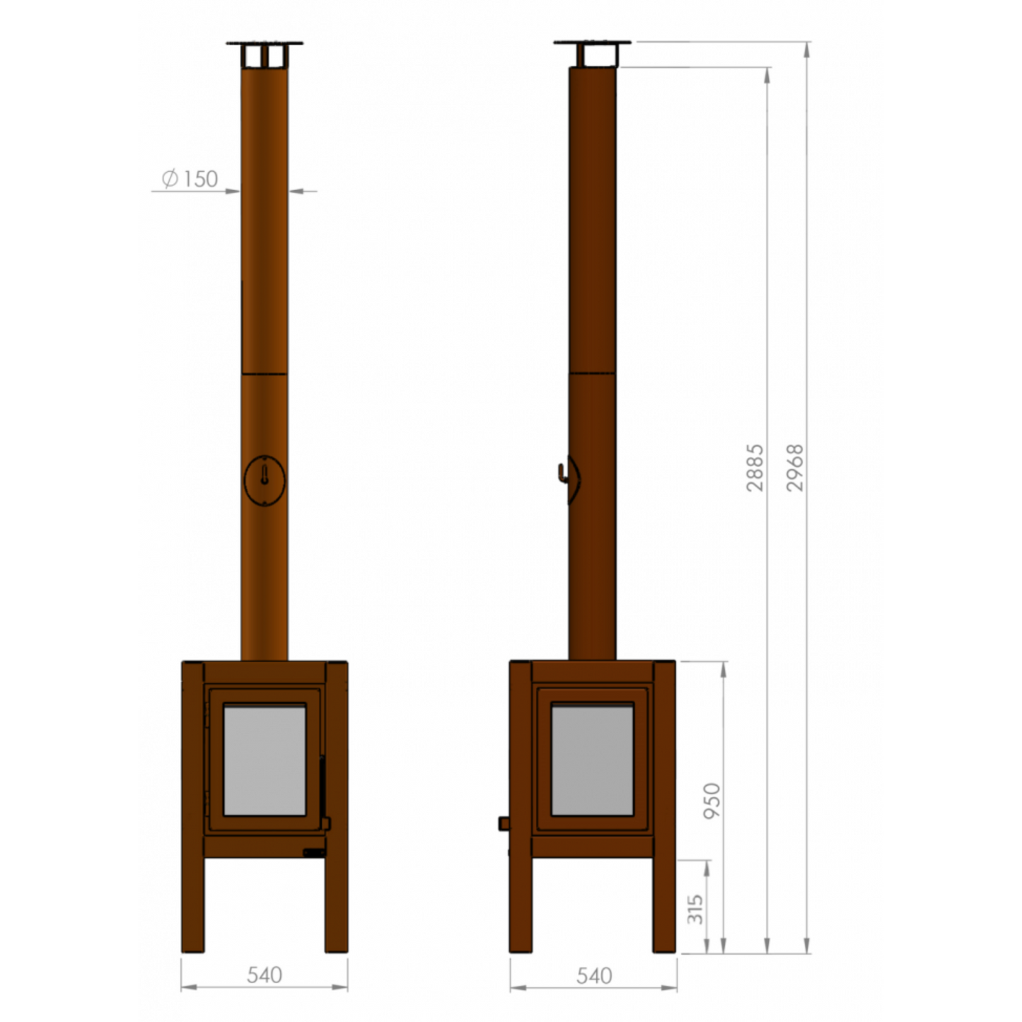 RB73 Quaruba XL MOBILE 4-Sided Glass Warm Brown CorTen Steel Wood-Burning Outdoor Fireplace
