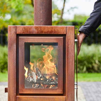 RB73 Quaruba XL MOBILE 4-Sided Glass Warm Brown CorTen Steel Wood-Burning Outdoor Fireplace