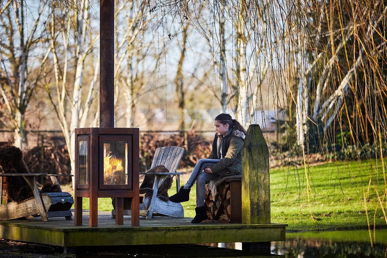 RB73 Quaruba XXL MOBILE 4-Sided Glass Warm Brown CorTen Steel Wood-Burning Outdoor Fireplace