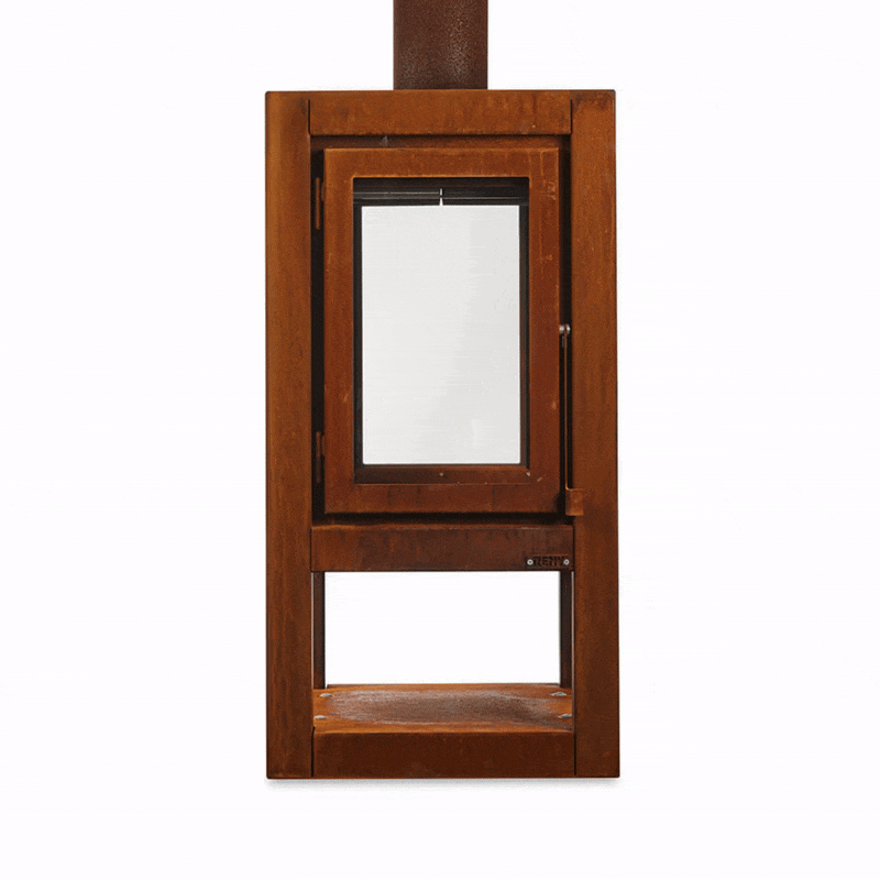 RB73 Quaruba XXL MOBILE 4-Sided Glass Warm Brown CorTen Steel Wood-Burning Outdoor Fireplace