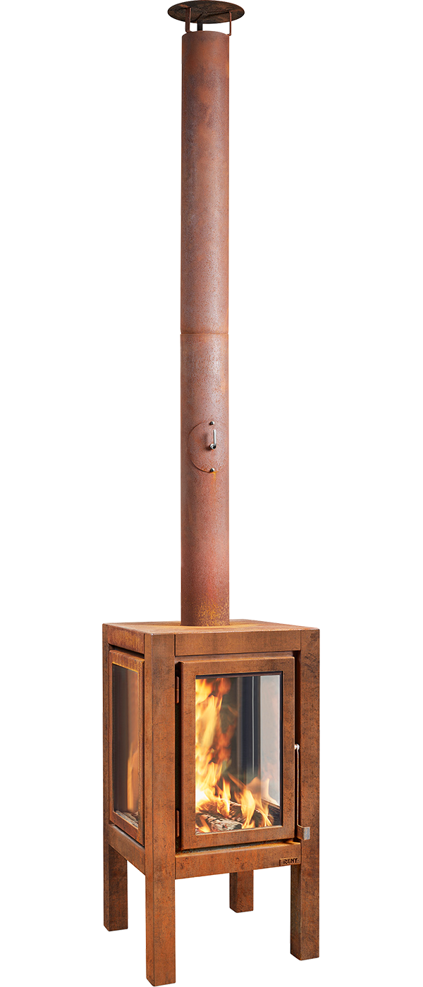 RB73 Quaruba XXL MOBILE 4-Sided Glass Warm Brown CorTen Steel Wood-Burning Outdoor Fireplace