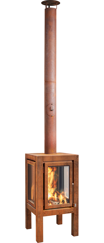 RB73 Quaruba XXL MOBILE 4-Sided Glass Warm Brown CorTen Steel Wood-Burning Outdoor Fireplace