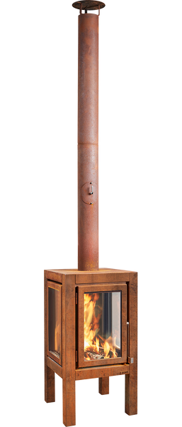 RB73 Quaruba XXL MOBILE 4-Sided Glass Warm Brown CorTen Steel Wood
