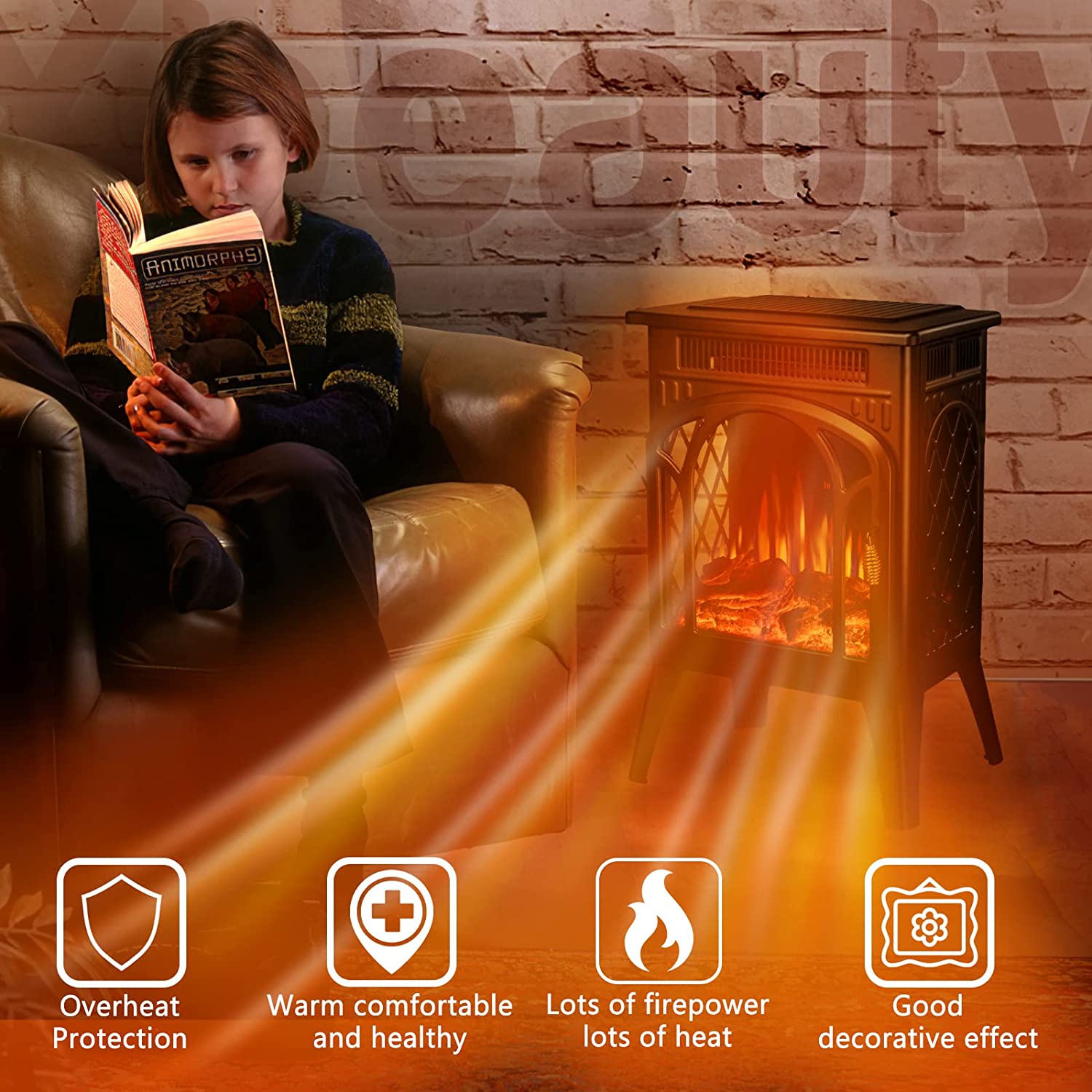 R.W.FLAME 16" Black 500W-1500W Freestanding Electric Fireplace Stove With 3D Flame Effect and Remote