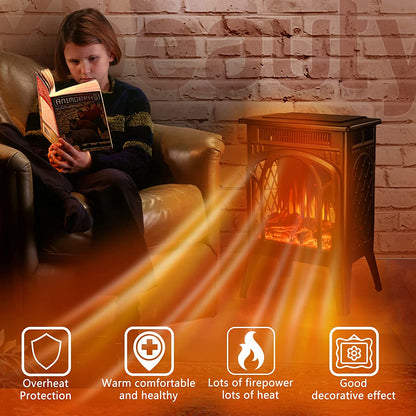 R.W.FLAME 16" Black 500W-1500W Freestanding Electric Fireplace Stove With 3D Flame Effect and Remote