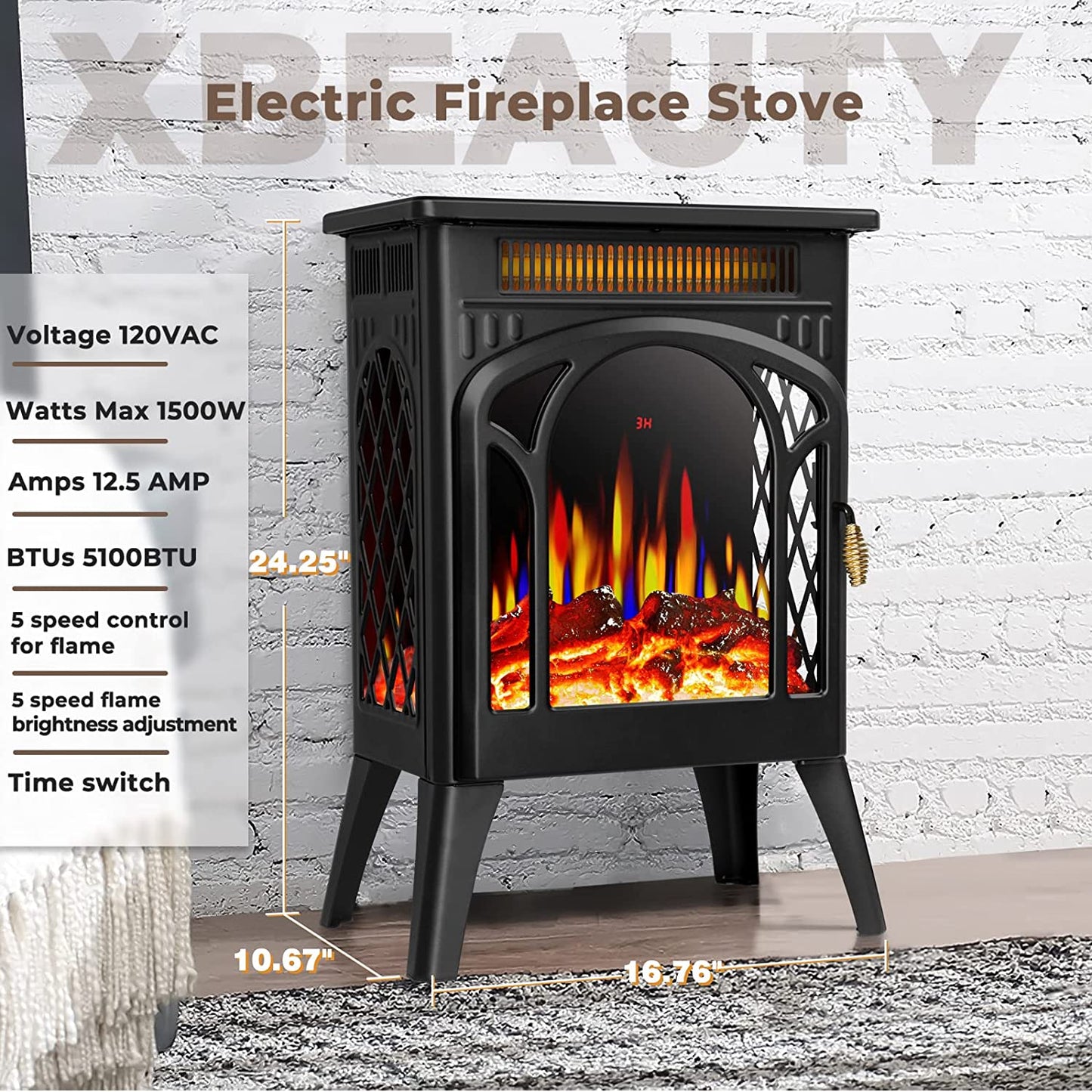 R.W.FLAME 16" Black 500W-1500W Freestanding Electric Fireplace Stove With 3D Flame Effect and Remote