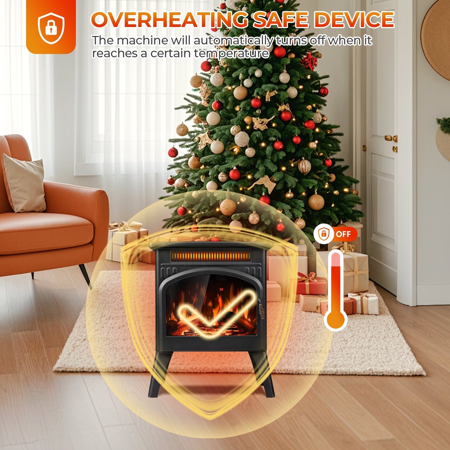 R.W.FLAME 17" Black 500W-1500W Freestanding Electric Fireplace Heater With Flame Effects and Log Set Colors, Adjustable Brightness and Heating Mode