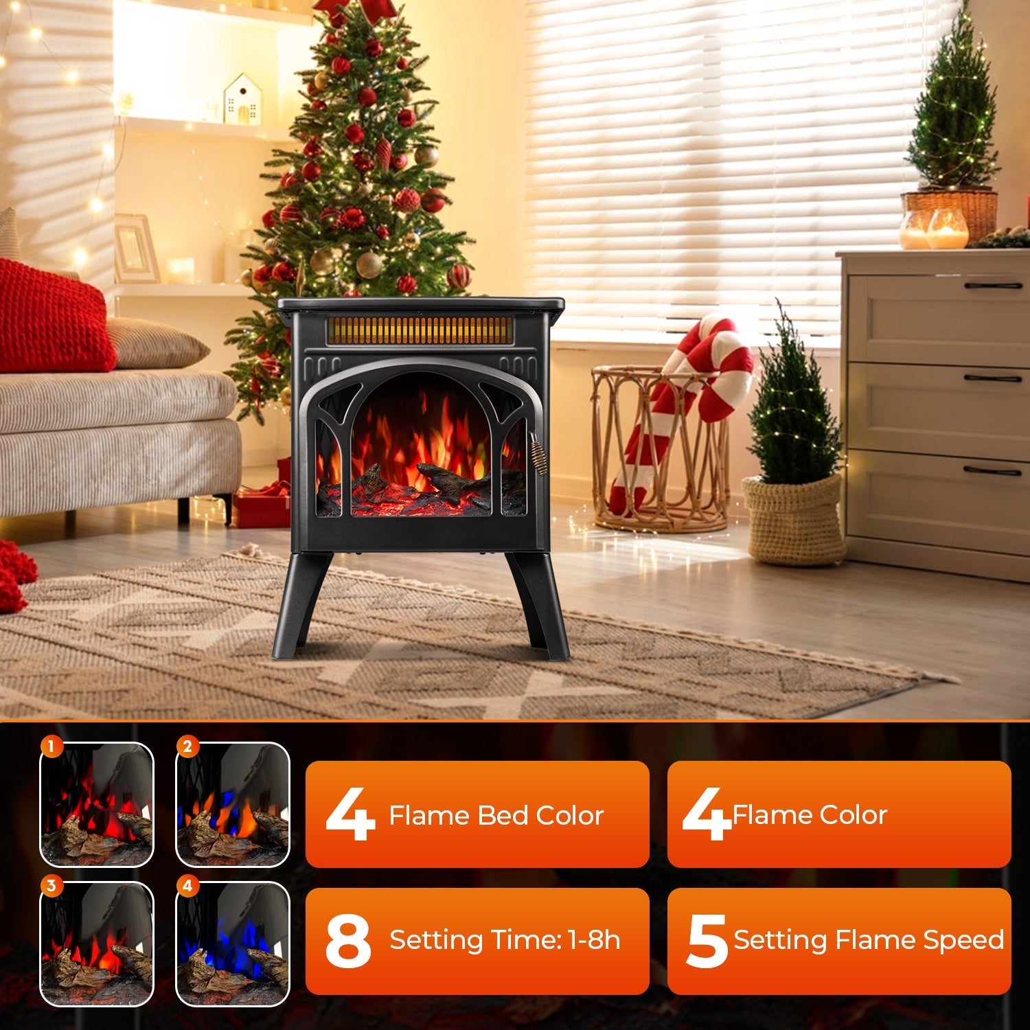 R.W.FLAME 17" Black 500W-1500W Freestanding Electric Fireplace Heater With Remote Control Adjustable Brightness and Heating Mode