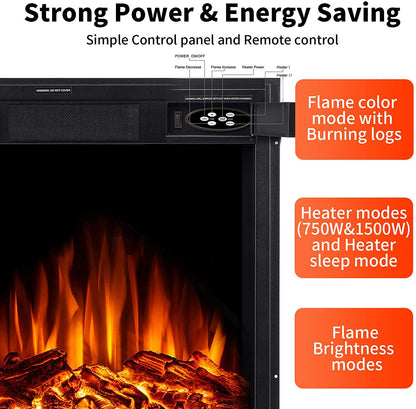 R.W.FLAME 20" x 18" x 10" Black 750W-1500W Electric Fireplace Insert With 7-Flame Brightness Settings, Logs and Remote Control