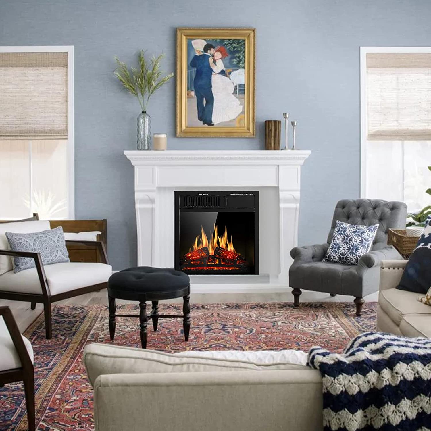 R.W.FLAME 20" x 18" x 10" Black 750W-1500W Electric Fireplace Insert With 7-Flame Brightness Settings, Logs and Remote Control