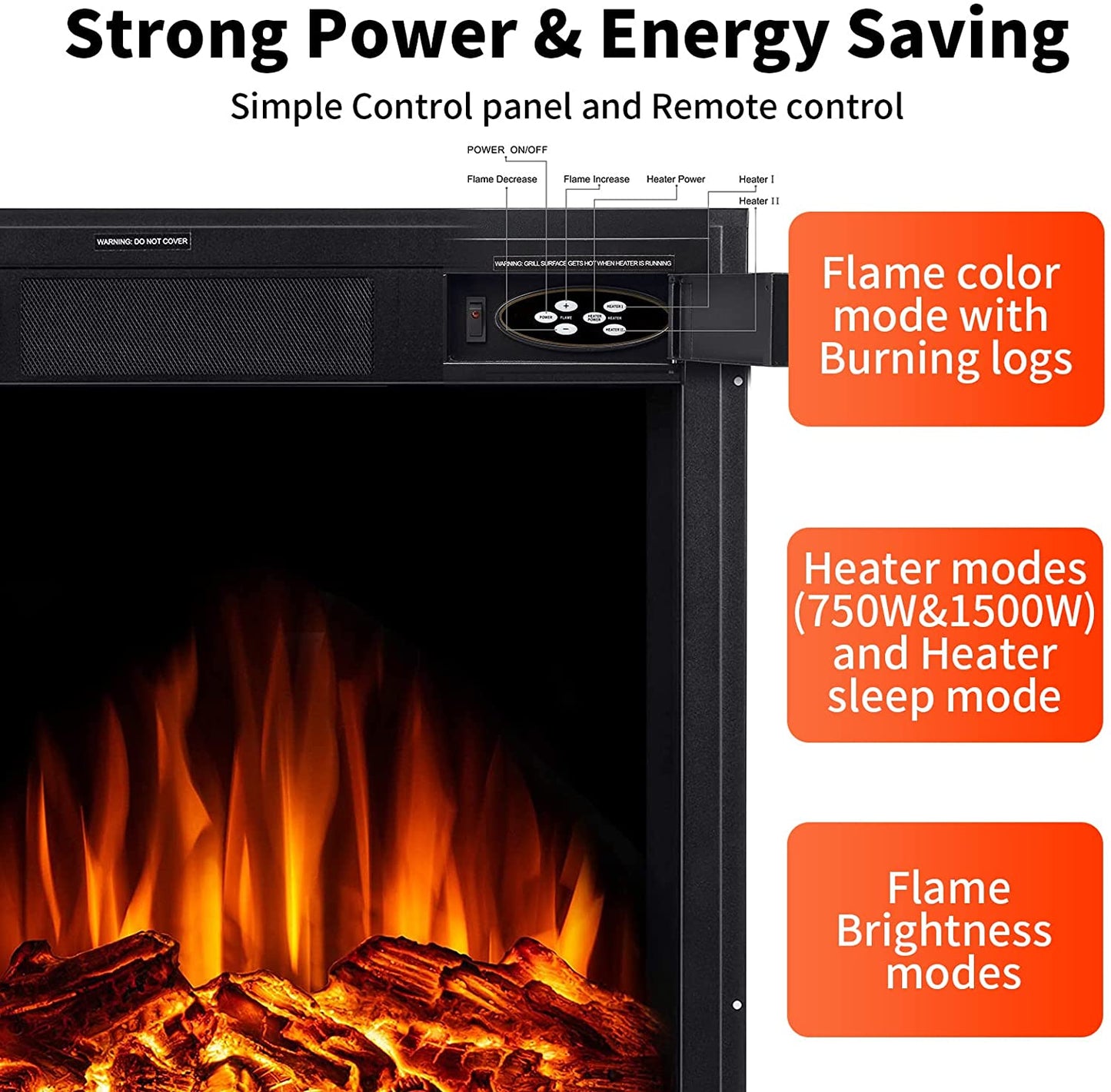 R.W.FLAME 20" x 18" x 10" Black 750W-1500W Electric Fireplace Insert With 7-Flame Brightness Settings, Logs and Remote Control