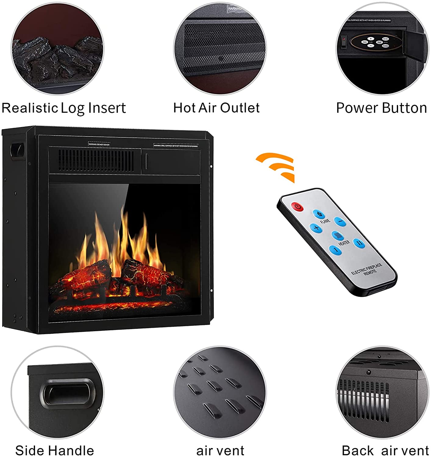 R.W.FLAME 20" x 18" x 10" Black 750W-1500W Electric Fireplace Insert With 7-Flame Brightness Settings, Logs and Remote Control