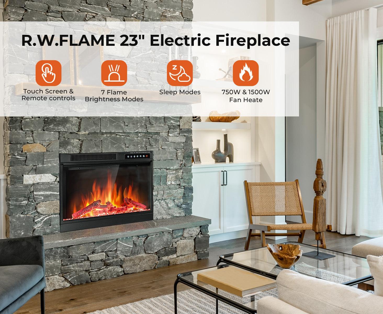 R.W.FLAME 23" Black 750W-1500W Electric Fireplace Insert With Adjustable Led Flame Brightness, 2 Power Settings, Touch Screen and Remote Control