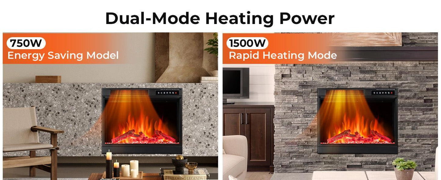 R.W.FLAME 23" Black 750W-1500W Electric Fireplace Insert With Adjustable Led Flame Brightness, 2 Power Settings, Touch Screen and Remote Control