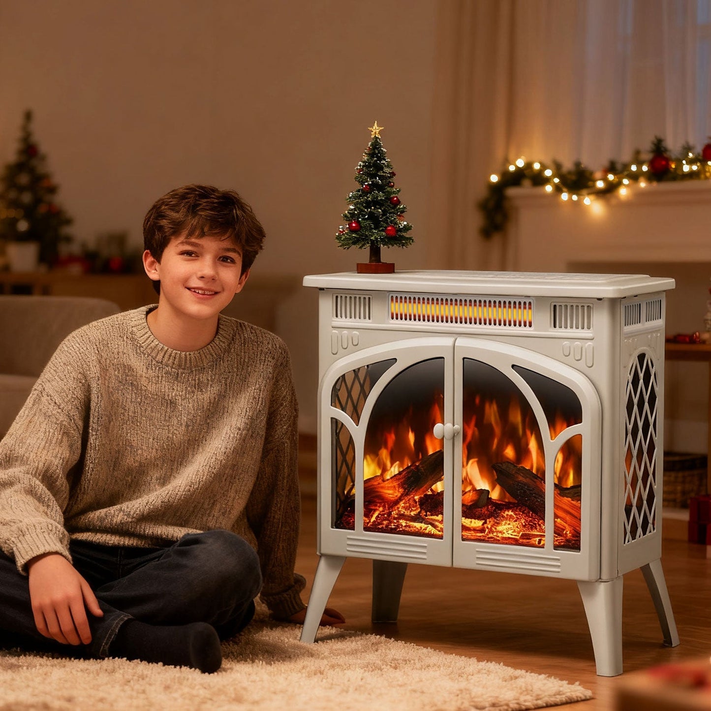 R.W.FLAME 24" Beige 500W-1500W Freestanding Electric Fireplace Stove With Controllable 3D-Flame, 4 Variable Flame and Log Colors