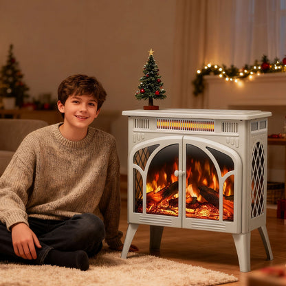 R.W.FLAME 24" Beige 500W-1500W Freestanding Electric Fireplace Stove With Controllable 3D-Flame, 4 Variable Flame and Log Colors