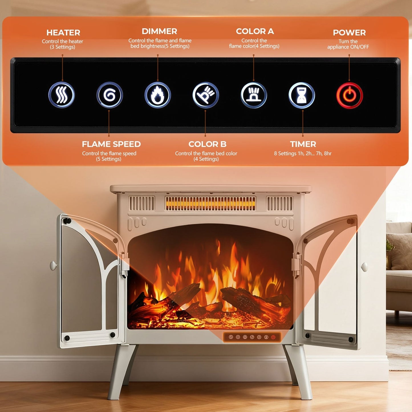 R.W.FLAME 24" Beige 500W-1500W Freestanding Electric Fireplace Stove With Controllable 3D-Flame, 4 Variable Flame and Log Colors