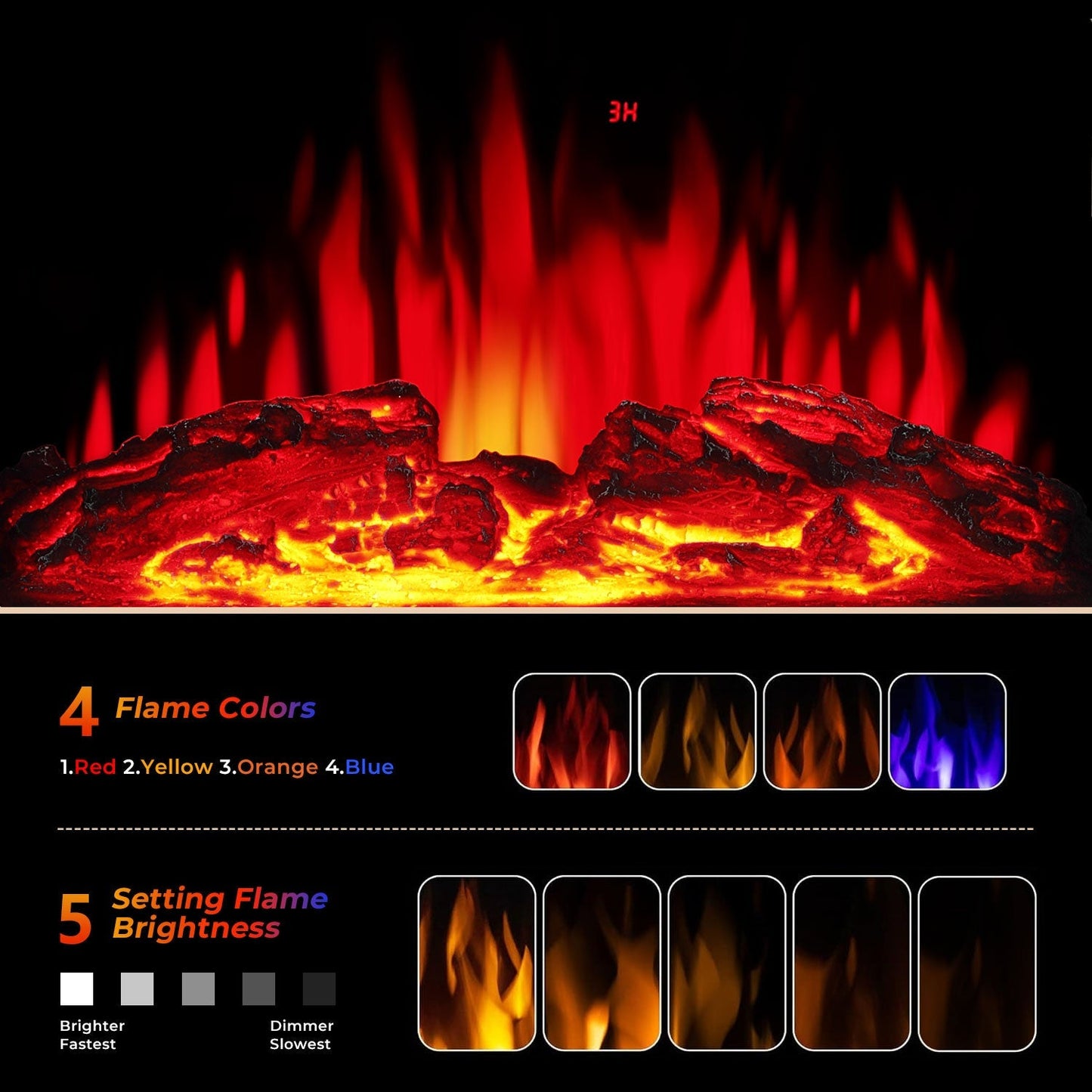 R.W.FLAME 24" Beige 500W-1500W Freestanding Electric Fireplace Stove With Controllable 3D-Flame, 4 Variable Flame and Log Colors