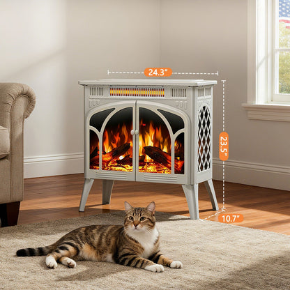 R.W.FLAME 24" Beige 500W-1500W Freestanding Electric Fireplace Stove With Controllable 3D-Flame, 4 Variable Flame and Log Colors