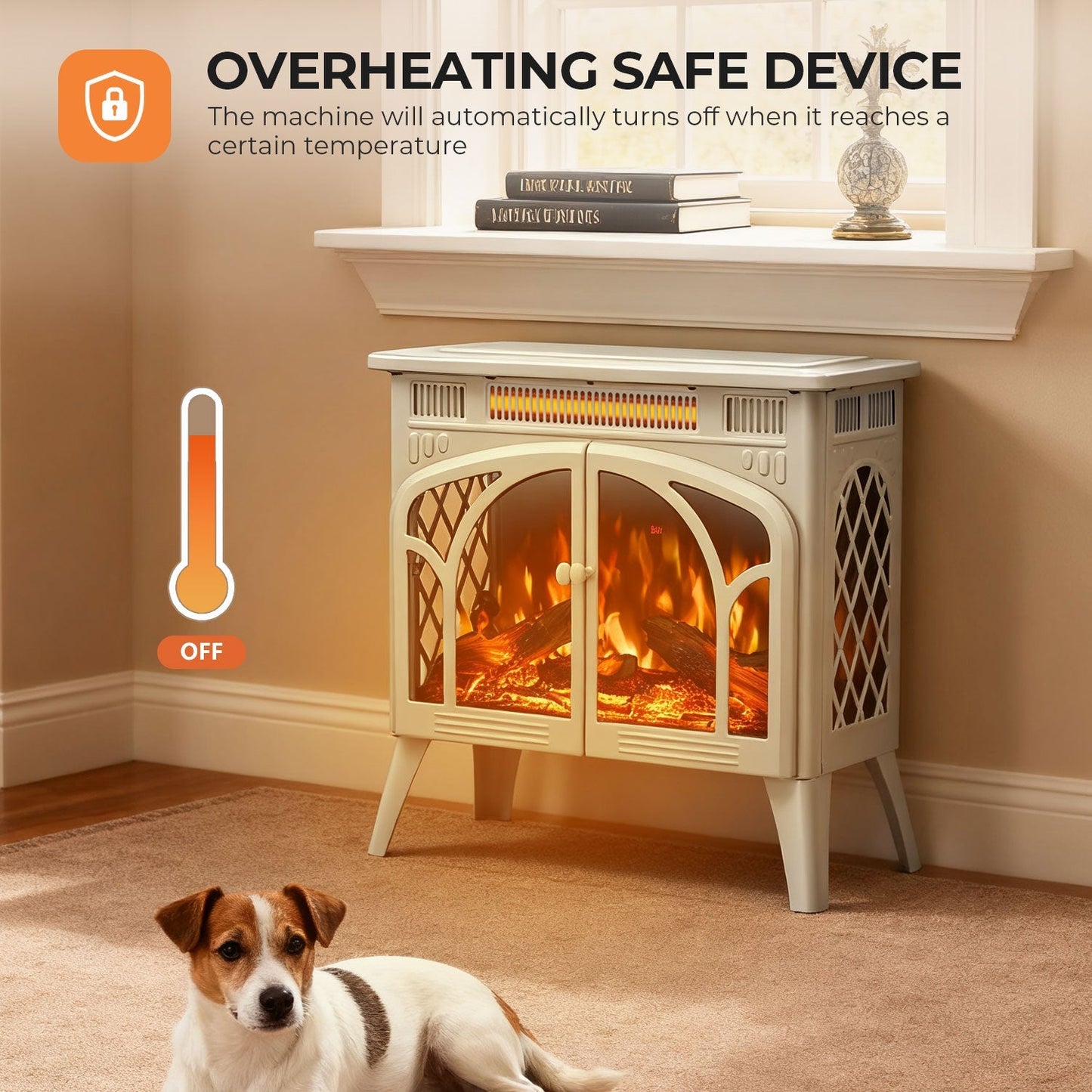 R.W.FLAME 24" Beige 500W-1500W Freestanding Electric Fireplace Stove With Controllable 3D-Flame, 4 Variable Flame and Log Colors