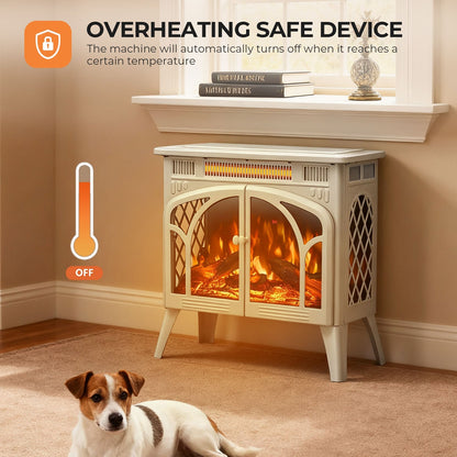 R.W.FLAME 24" Beige 500W-1500W Freestanding Electric Fireplace Stove With Controllable 3D-Flame, 4 Variable Flame and Log Colors