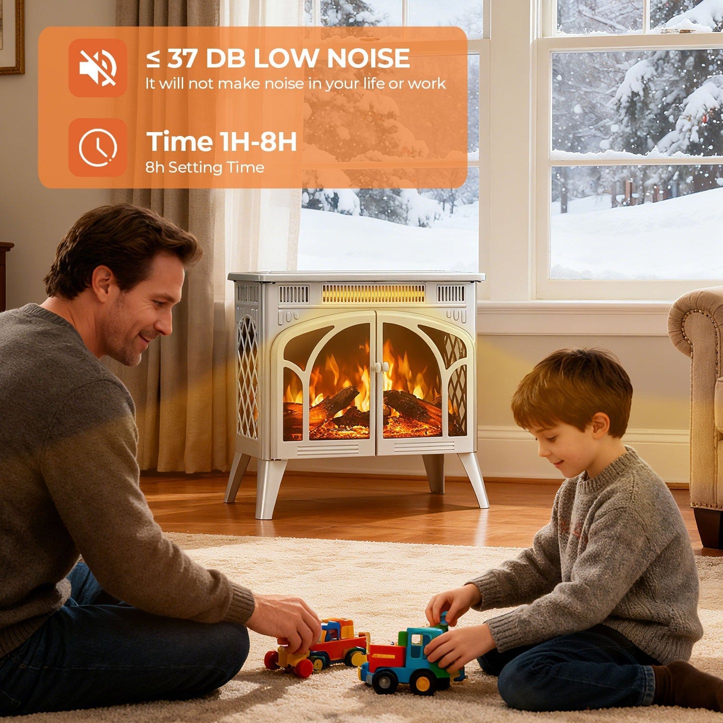 R.W.FLAME 24" Beige 500W-1500W Freestanding Electric Fireplace Stove With Controllable 3D-Flame, 4 Variable Flame and Log Colors