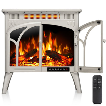 R.W.FLAME 24" Beige 500W-1500W Freestanding Electric Fireplace Stove With Controllable 3D-Flame, 4 Variable Flame and Log Colors