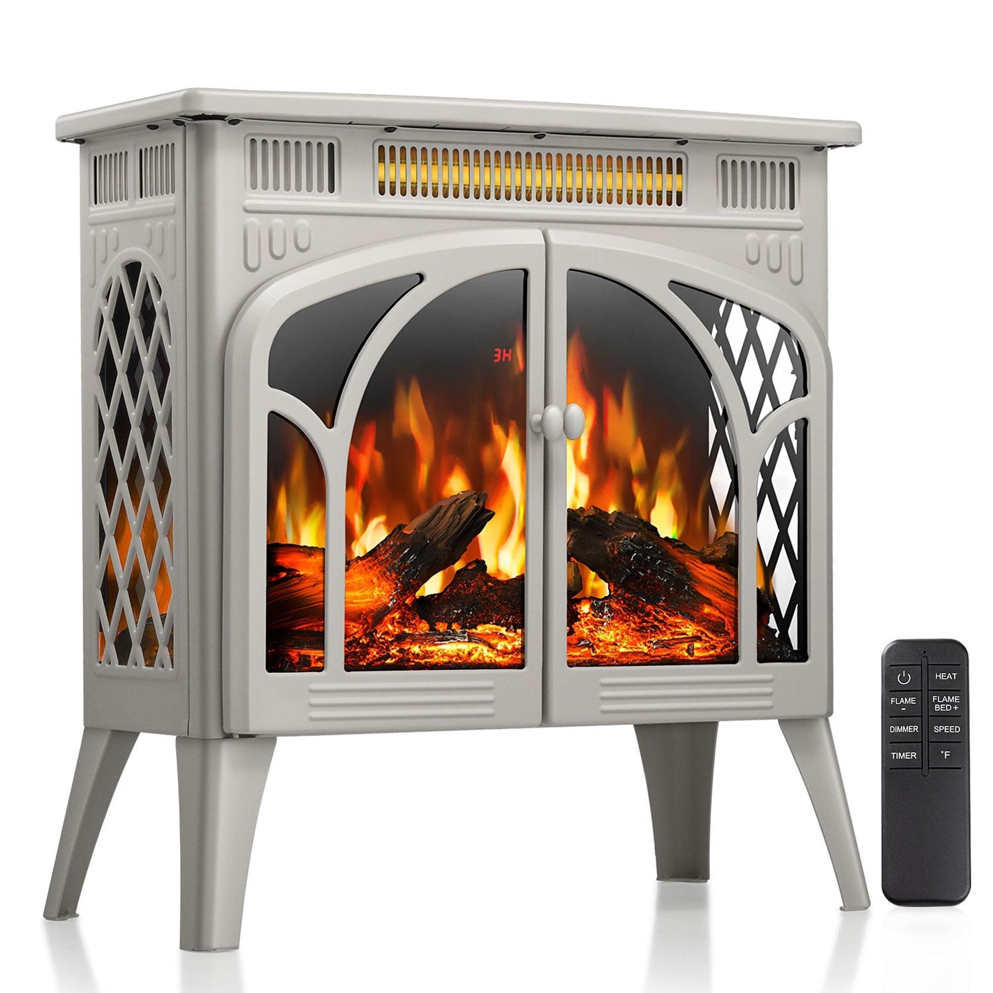 R.W.FLAME 24" Beige 500W-1500W Freestanding Electric Fireplace Stove With Controllable 3D-Flame, 4 Variable Flame and Log Colors