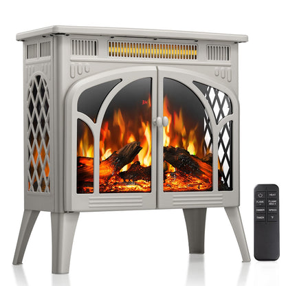 R.W.FLAME 24" Beige 500W-1500W Freestanding Electric Fireplace Stove With Controllable 3D-Flame, 4 Variable Flame and Log Colors