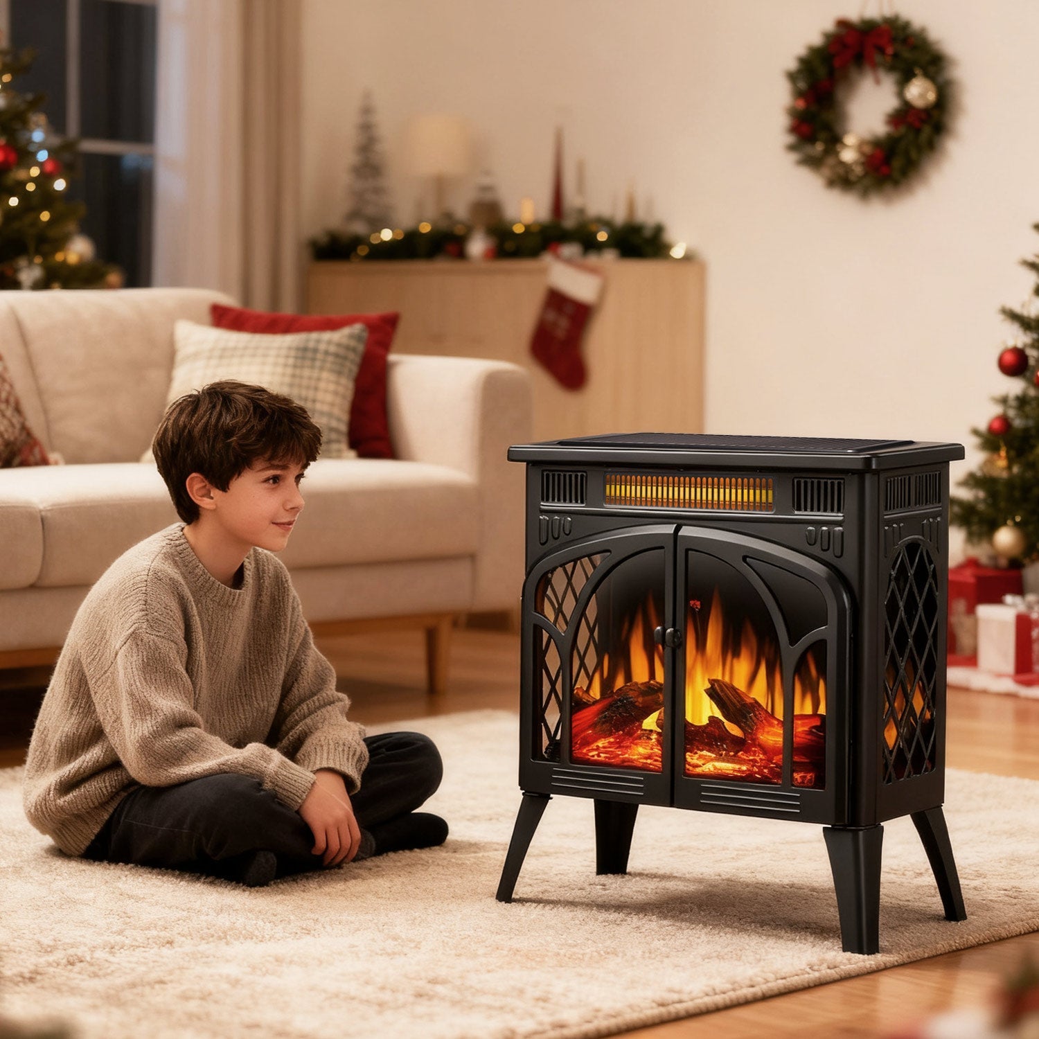 R.W.FLAME 24" Black 500W-1500W Freestanding Electric Fireplace Stove With Controllable 3D-Flame, 4 Variable Flame and Log Colors