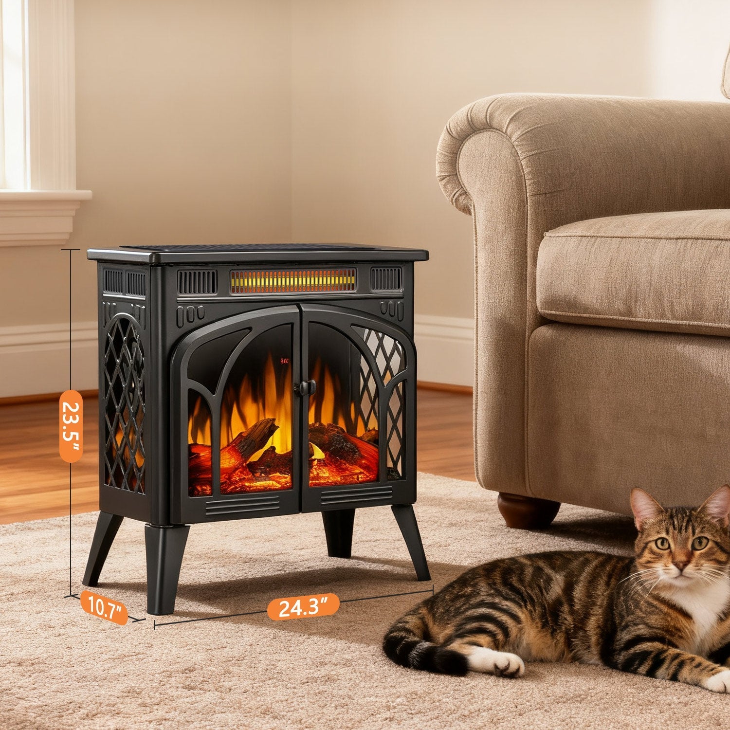 R.W.FLAME 24" Black 500W-1500W Freestanding Electric Fireplace Stove With Controllable 3D-Flame, 4 Variable Flame and Log Colors