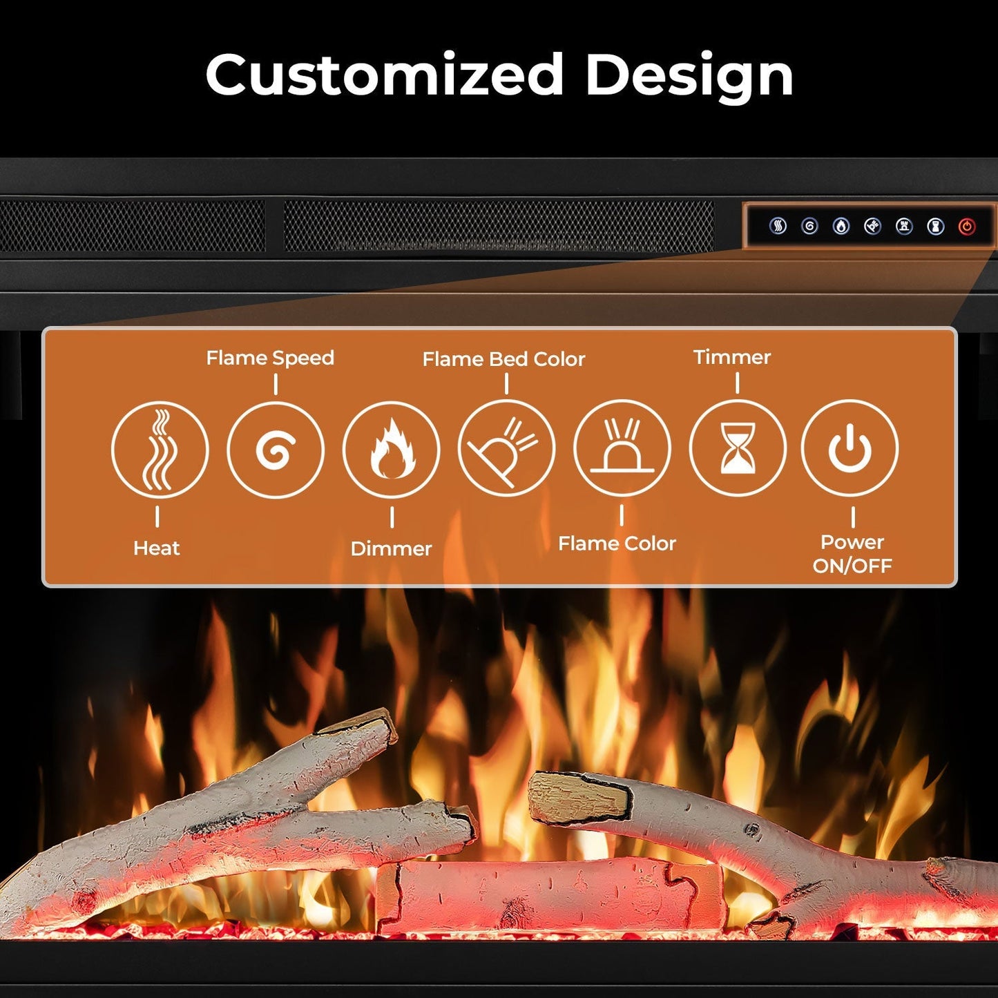 R.W.FLAME 28" Black 750W-1500W Electric Fireplace Insert With Adjustable 5-Flame Colors, 12-Log Colors, 5-Flame Speeds and Brightness