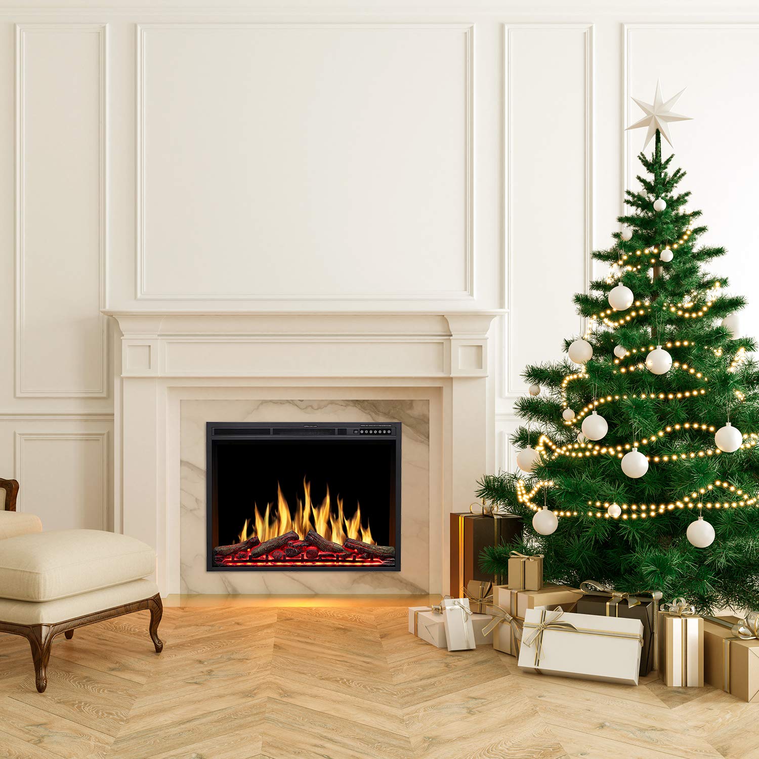 R.W.FLAME 34" Black 750W-1500W Infrared Electric Fireplace Insert With Logs, Touch Screen and Remote Control