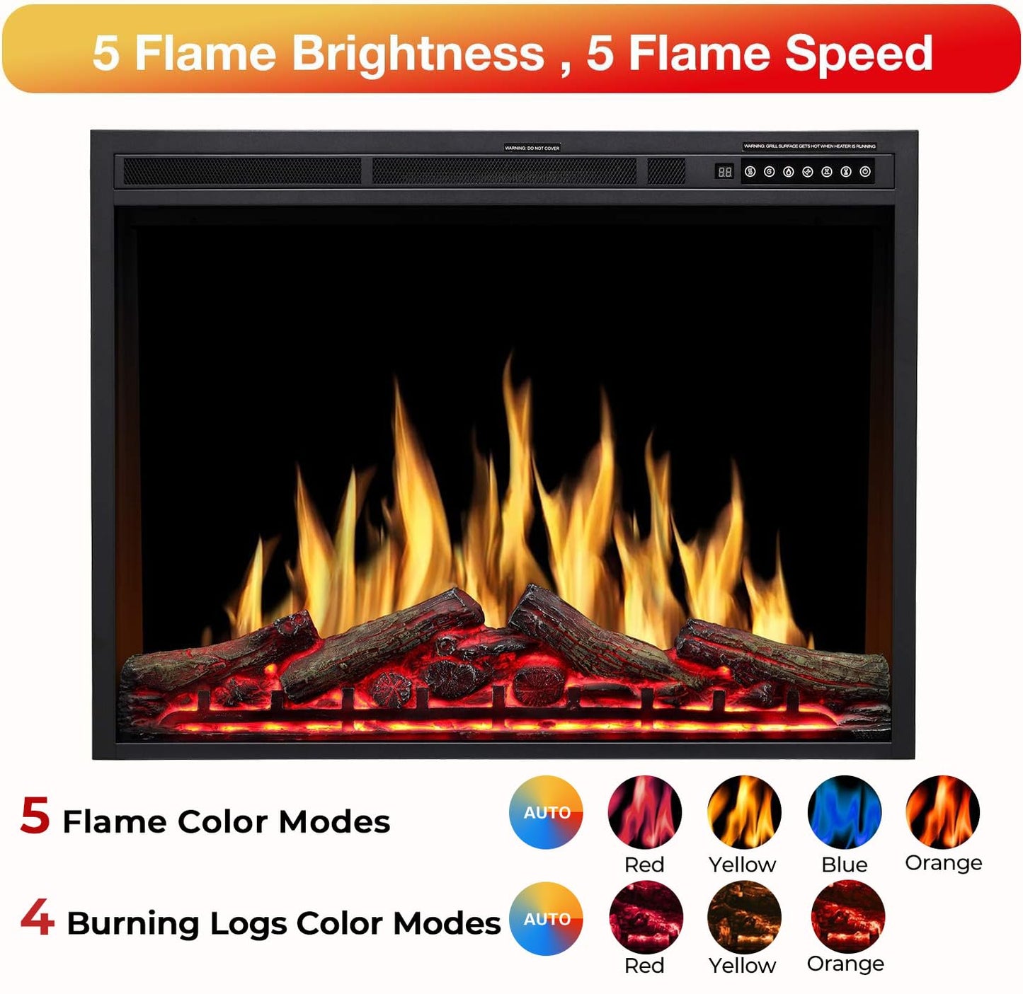 R.W.FLAME 34" Black 750W-1500W Infrared Electric Fireplace Insert With Logs, Touch Screen and Remote Control