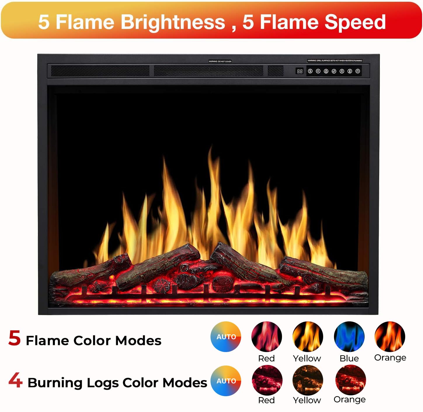 R.W.FLAME 34" Black 750W-1500W Infrared Electric Fireplace Insert With Logs, Touch Screen and Remote Control