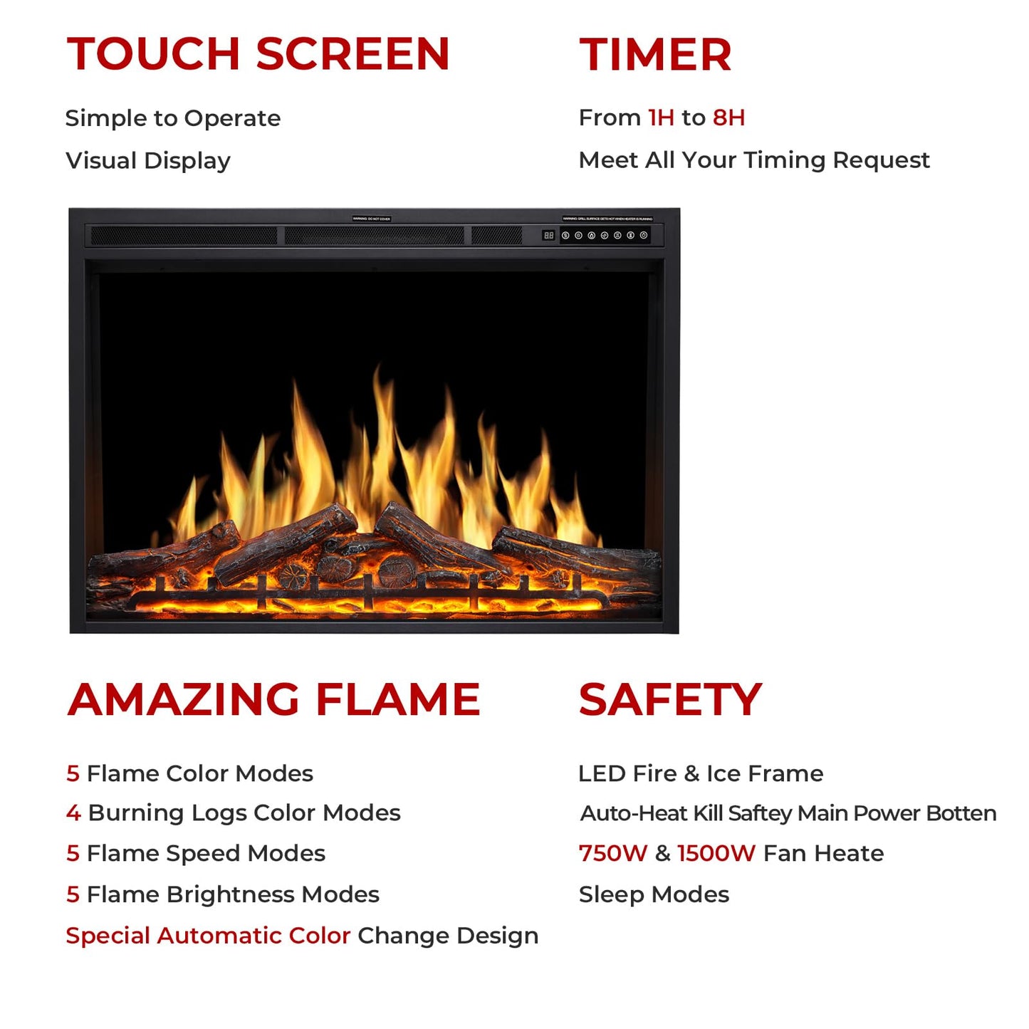 R.W.FLAME 34" Black 750W-1500W Infrared Electric Fireplace Insert With Logs, Touch Screen and Remote Control