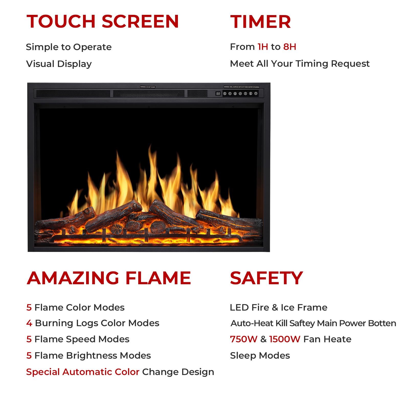 R.W.FLAME 34" Black 750W-1500W Infrared Electric Fireplace Insert With Logs, Touch Screen and Remote Control