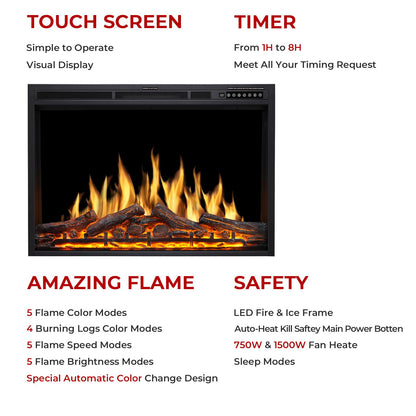 R.W.FLAME 34" Black 750W-1500W Infrared Electric Fireplace Insert With Logs, Touch Screen and Remote Control